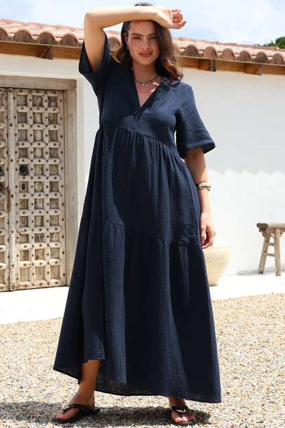 Laysa Maxi Dress - Mandarin Collar Short Sleeve Dress in Navy