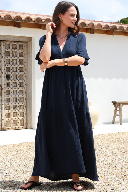 Laysa Maxi Dress - Mandarin Collar Short Sleeve Dress in Navy