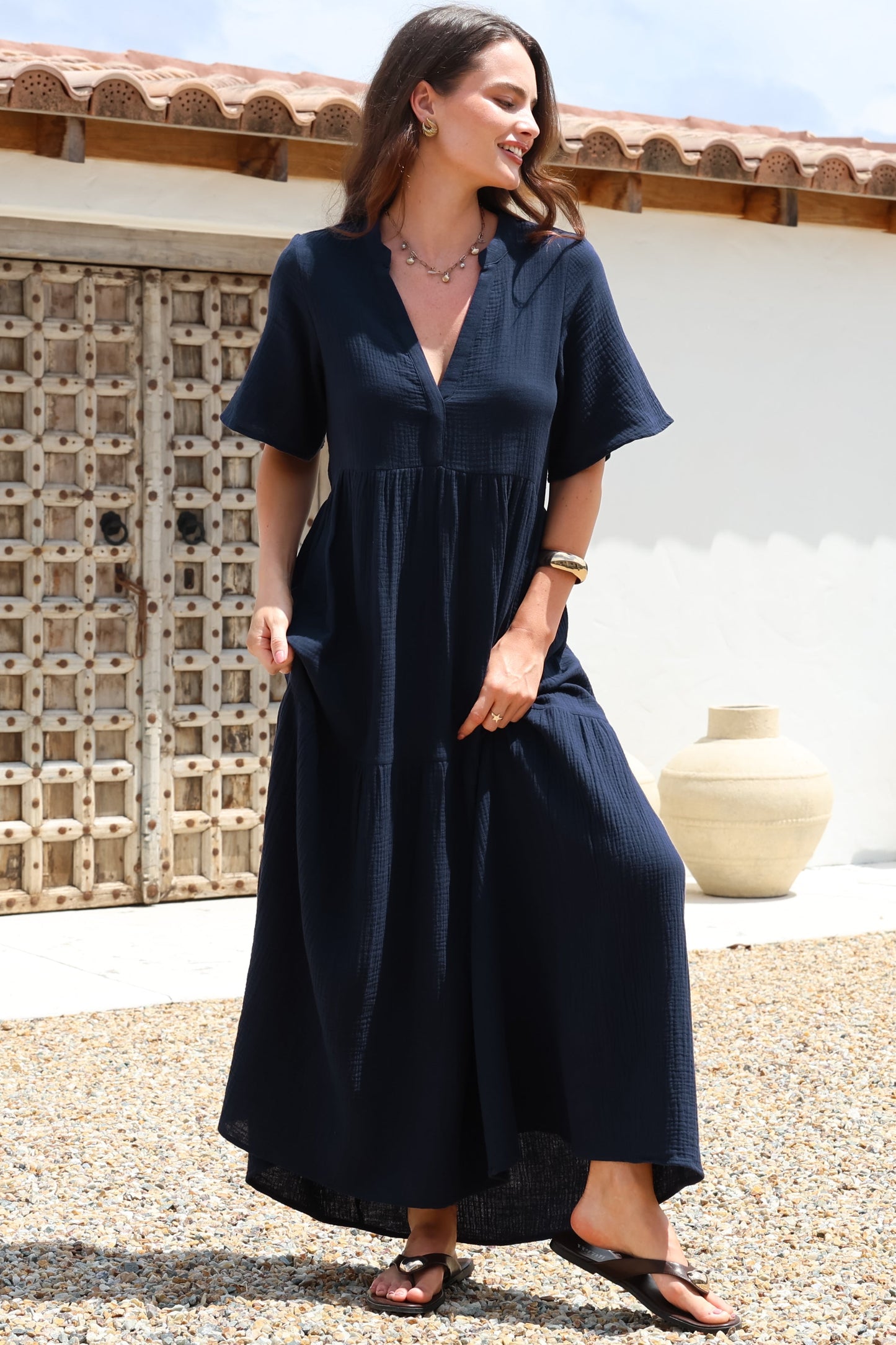 Laysa Maxi Dress - Mandarin Collar Short Sleeve Dress in Navy