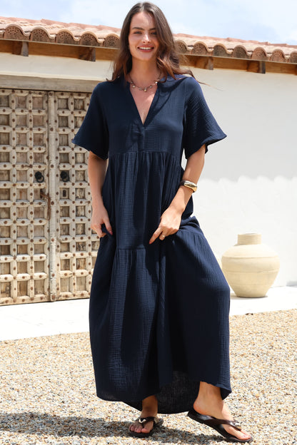 Laysa Maxi Dress - Mandarin Collar Short Sleeve Dress in Navy