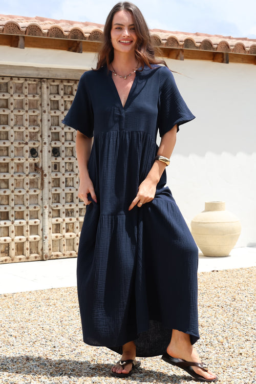 Laysa Maxi Dress - Mandarin Collar Short Sleeve Dress in Navy