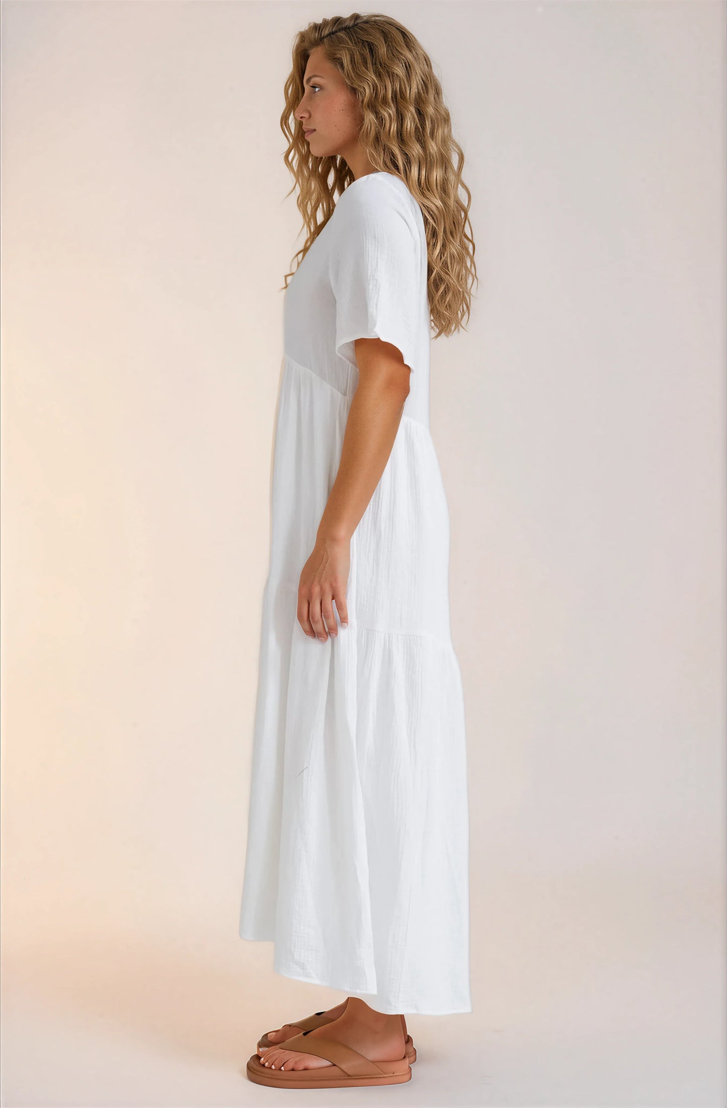Laysa Maxi Dress - Mandarin Collar Short Sleeve Dress in White