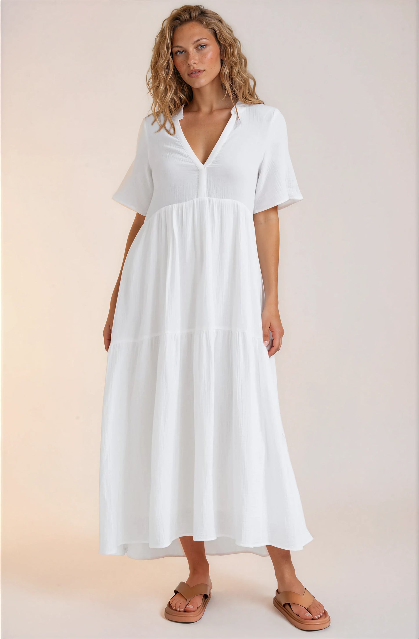Laysa Maxi Dress - Mandarin Collar Short Sleeve Dress in White