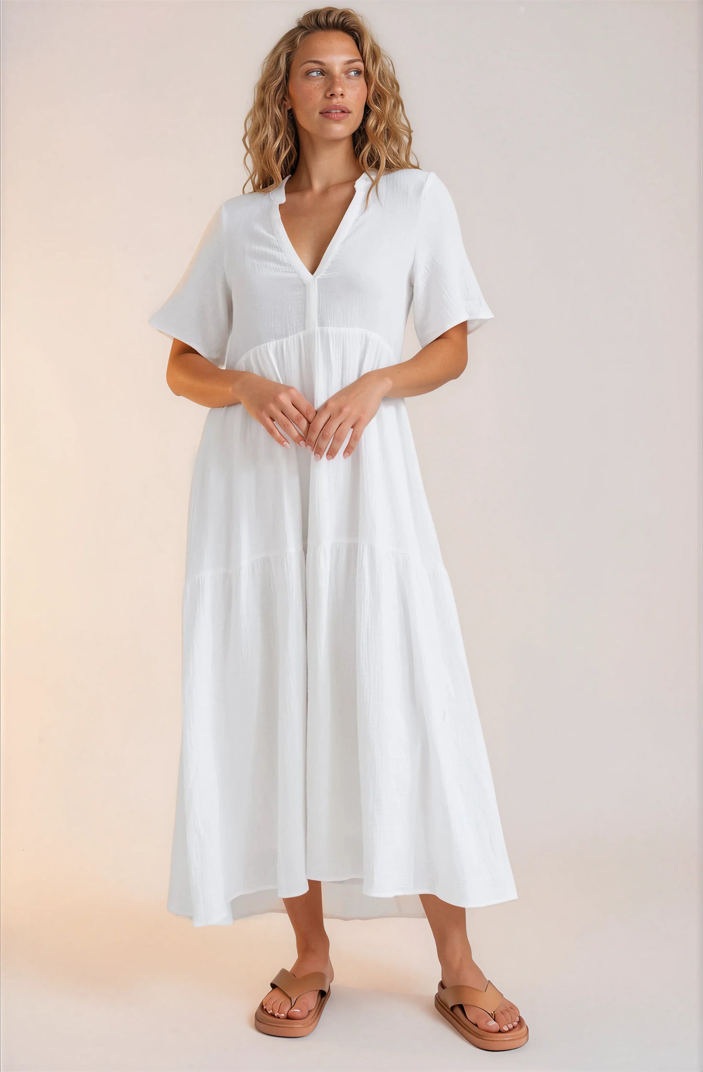 Laysa Maxi Dress - Mandarin Collar Short Sleeve Dress in White