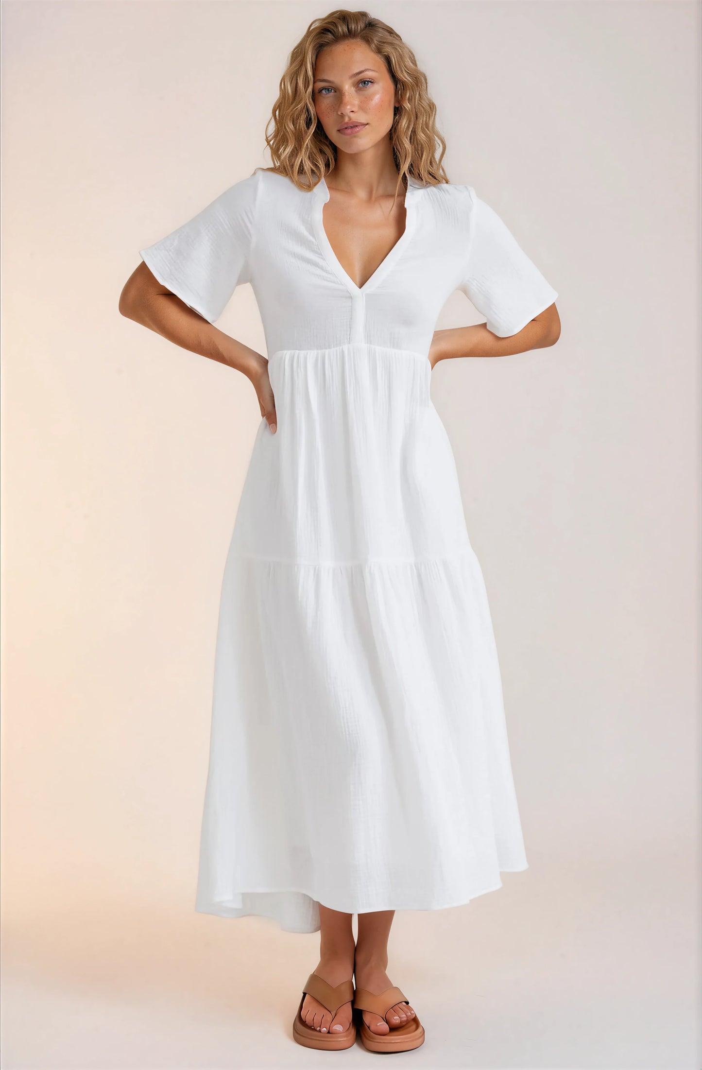 Laysa Maxi Dress - Mandarin Collar Short Sleeve Dress in White