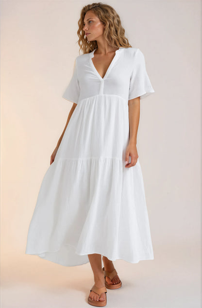 Laysa Maxi Dress - Mandarin Collar Short Sleeve Dress in White