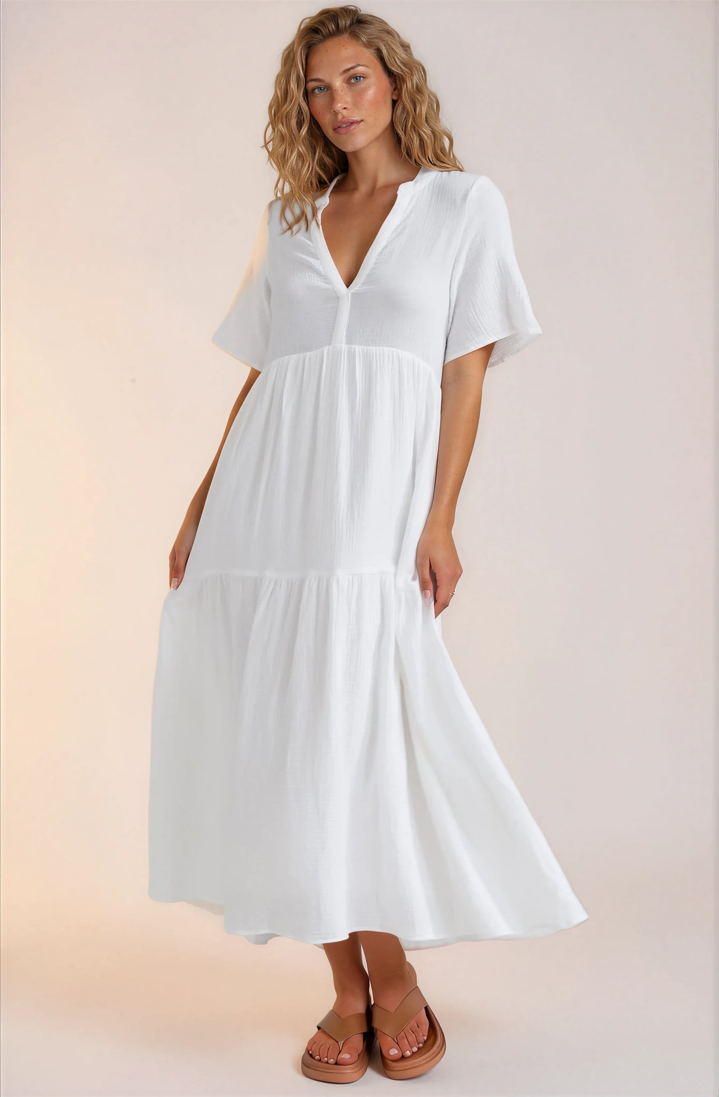 Laysa Maxi Dress - Mandarin Collar Short Sleeve Dress in White
