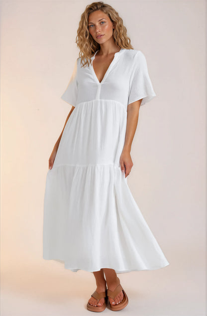 Laysa Maxi Dress - Mandarin Collar Short Sleeve Dress in White