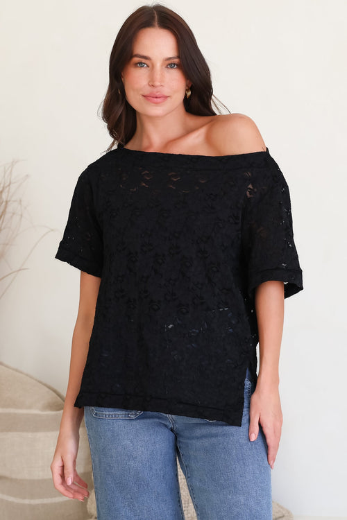 Lenka Lace Top - Asymmetric Relaxed Floral Lace Tee with Side Splits in Black