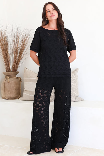 Lenka Lace Pants - High Waisted Floral Lace Pants with Built in Shorts in Black