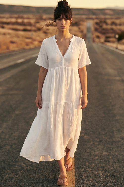 Laysa Maxi Dress - Mandarin Collar Short Sleeve Dress in White