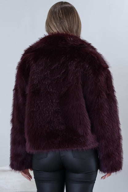 Letoile Coat - Notched Collar Faux Fur Jacket with Pockets in Burgundy