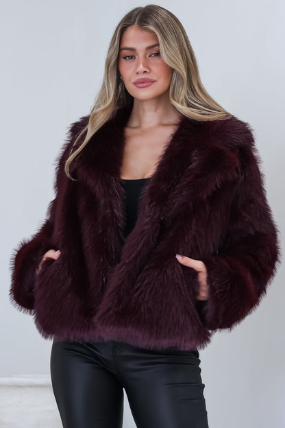 Letoile Coat - Notched Collar Faux Fur Jacket with Pockets in Burgundy