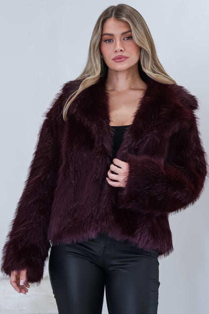 Letoile Coat - Notched Collar Faux Fur Jacket with Pockets in Burgundy