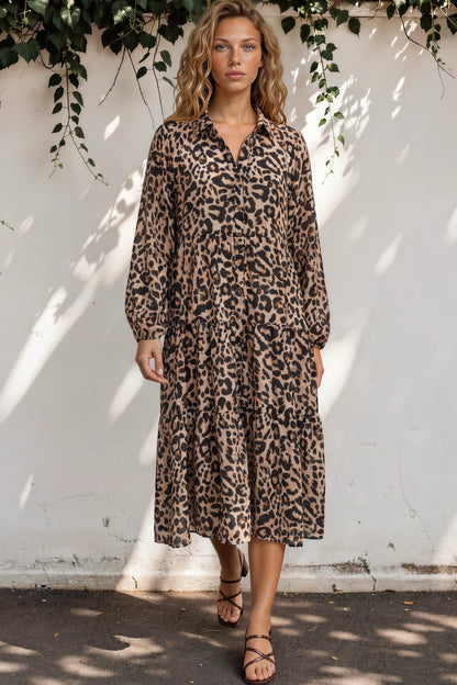 Lexi Midi Dress - Wing Collar Button Down Tiered Smock Dress with Balloon Sleeves in Solaro Print