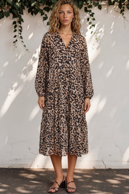 Lexi Midi Dress - Wing Collar Button Down Tiered Smock Dress with Balloon Sleeves in Solaro Print