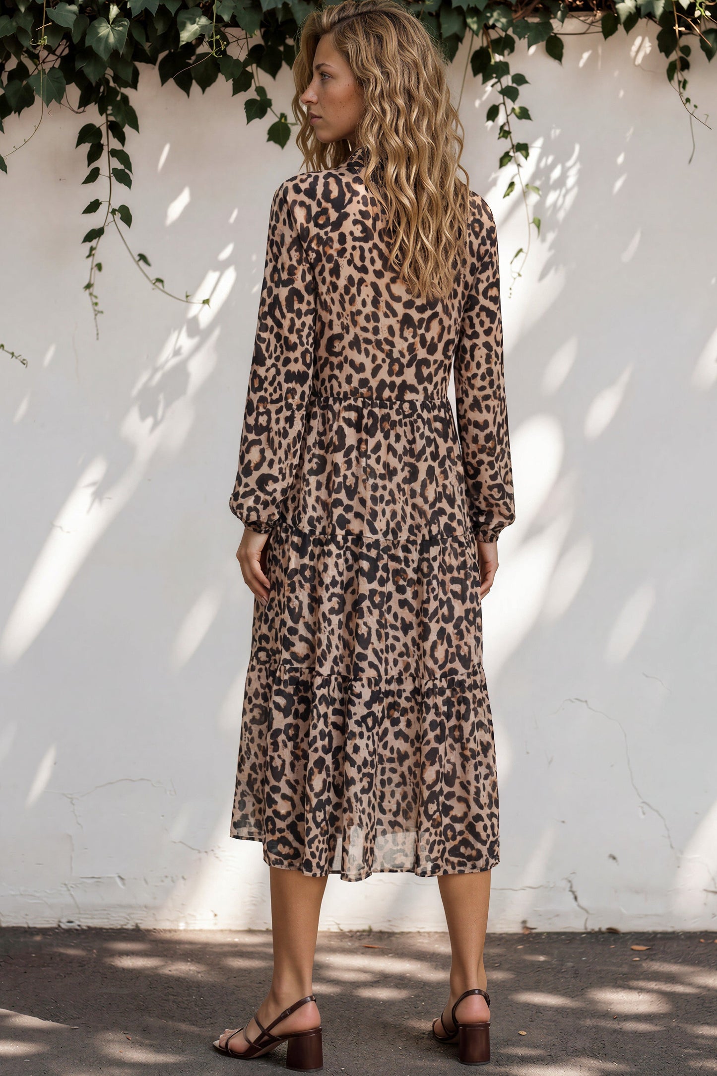 Lexi Midi Dress - Wing Collar Button Down Tiered Smock Dress with Balloon Sleeves in Solaro Print