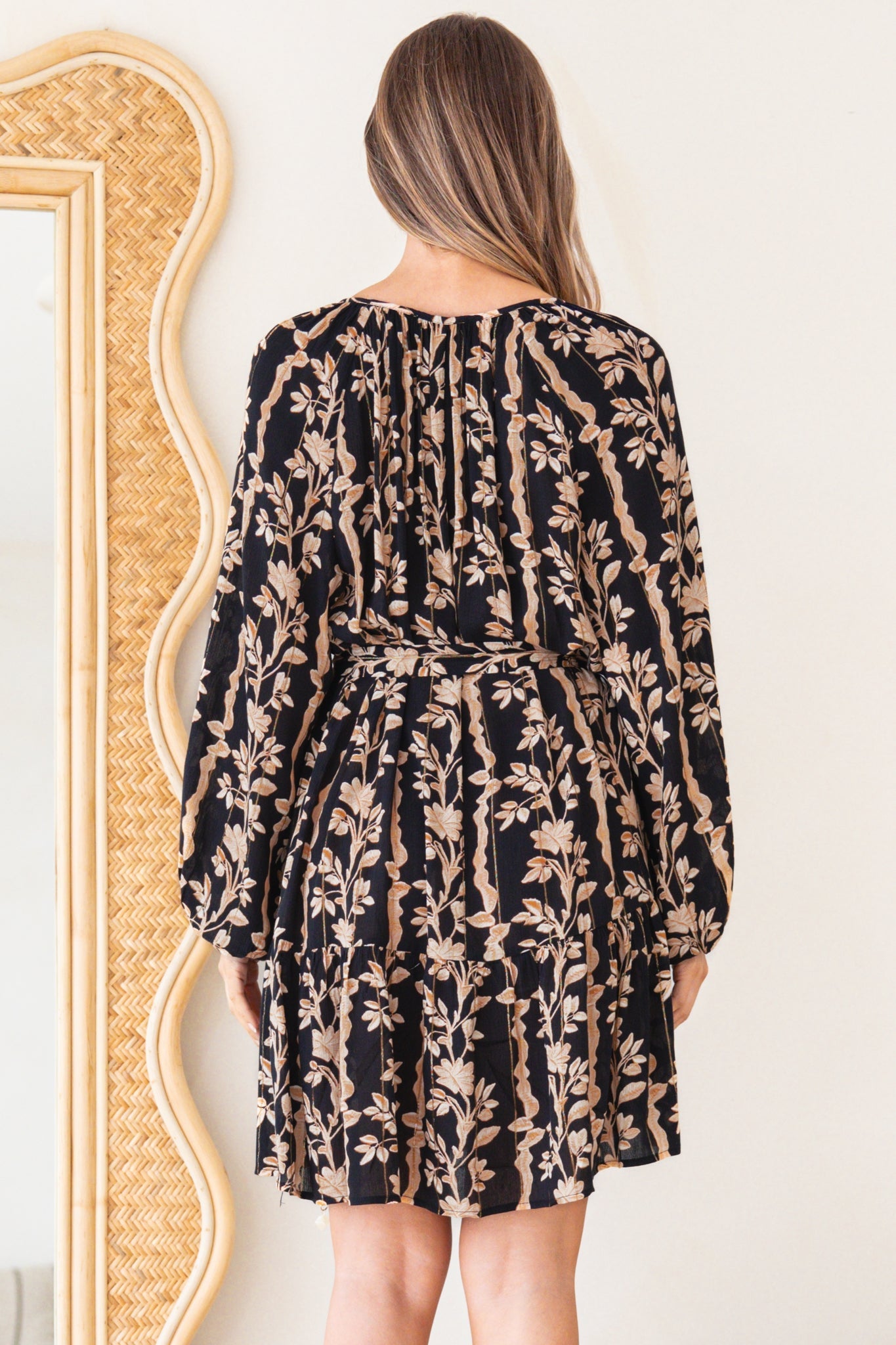 Lianda Mini Dress - Soft V Neck Pull Over Shift Dress with Neck Tie & Matching Belt in Helio Print
