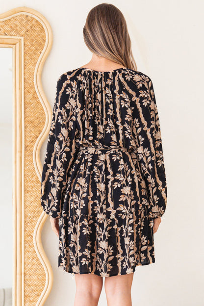 Lianda Mini Dress - Soft V Neck Pull Over Shift Dress with Neck Tie & Matching Belt in Helio Print
