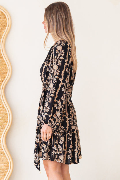 Lianda Mini Dress - Soft V Neck Pull Over Shift Dress with Neck Tie & Matching Belt in Helio Print