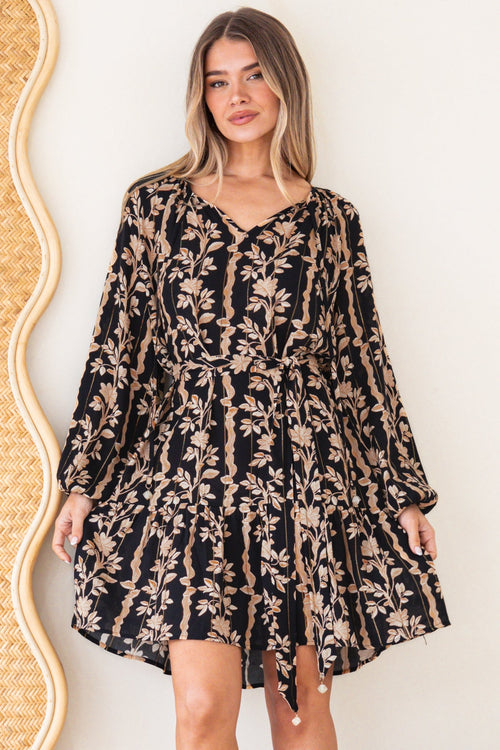 Lianda Mini Dress - Soft V Neck Pull Over Shift Dress with Neck Tie & Matching Belt in Helio Print