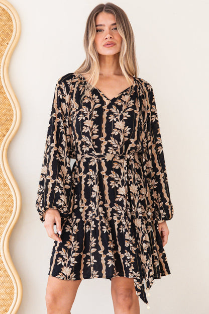 Lianda Mini Dress - Soft V Neck Pull Over Shift Dress with Neck Tie & Matching Belt in Helio Print