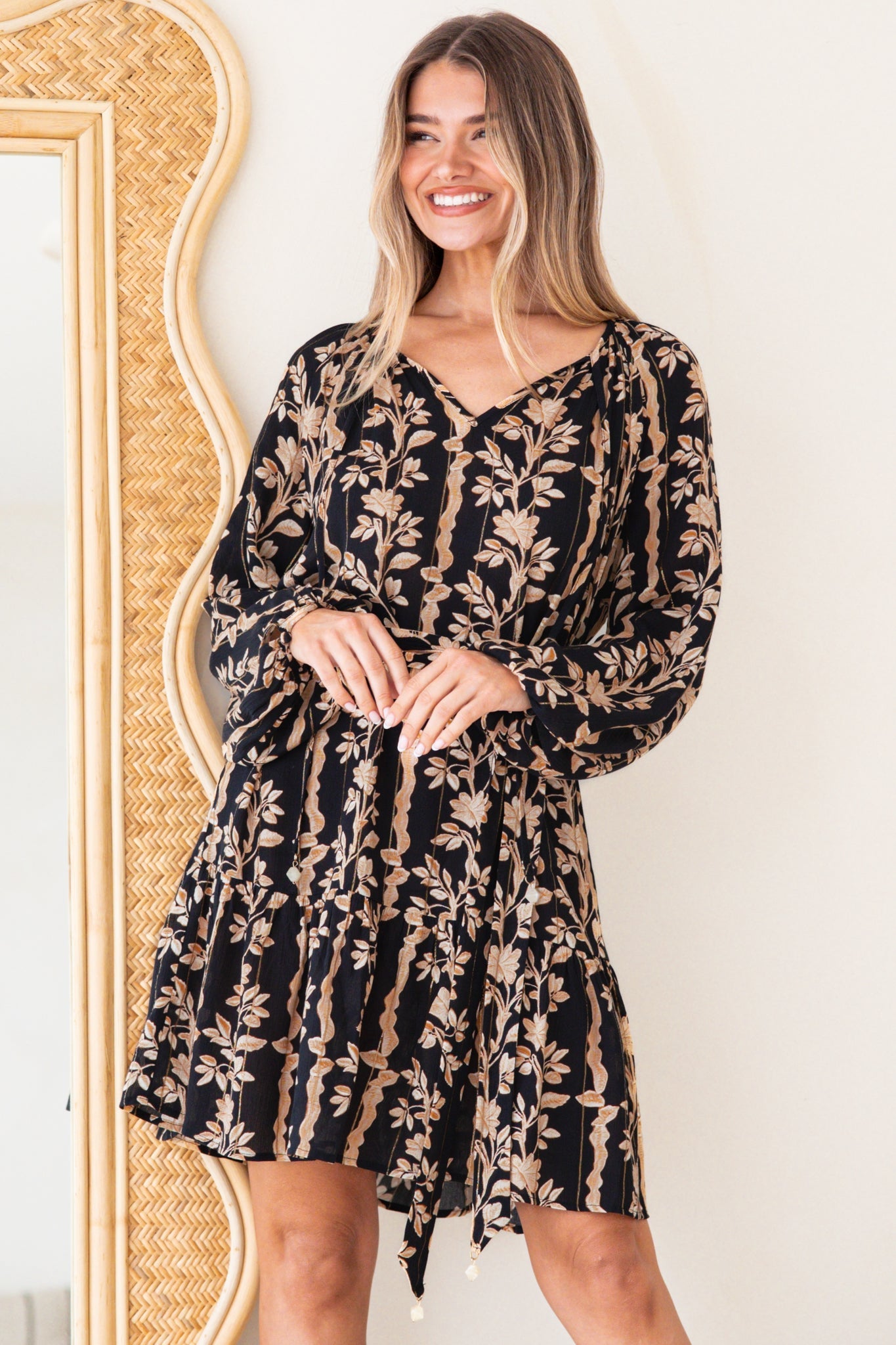 Lianda Mini Dress - Soft V Neck Pull Over Shift Dress with Neck Tie & Matching Belt in Helio Print