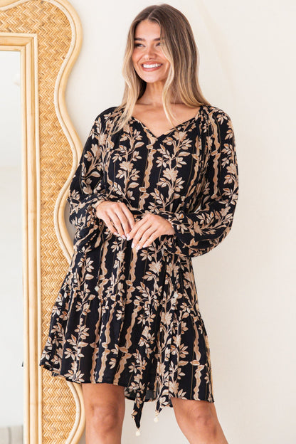 Lianda Mini Dress - Soft V Neck Pull Over Shift Dress with Neck Tie & Matching Belt in Helio Print