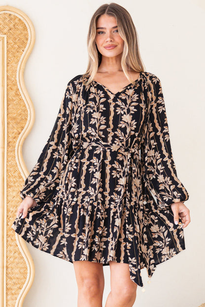 Lianda Mini Dress - Soft V Neck Pull Over Shift Dress with Neck Tie & Matching Belt in Helio Print