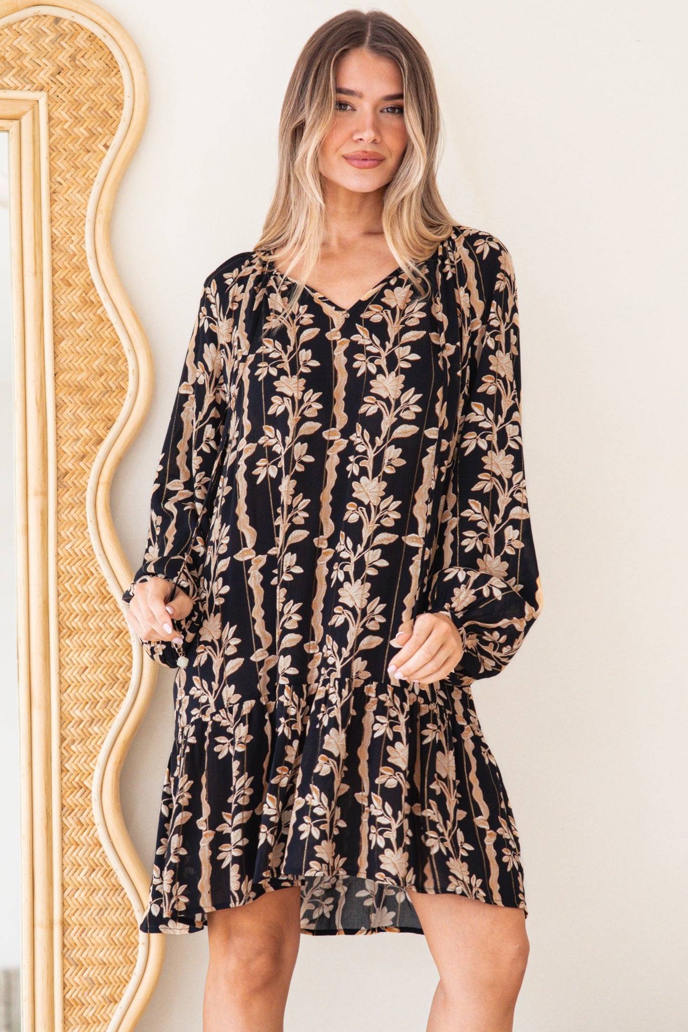 Lianda Mini Dress - Soft V Neck Pull Over Shift Dress with Neck Tie & Matching Belt in Helio Print