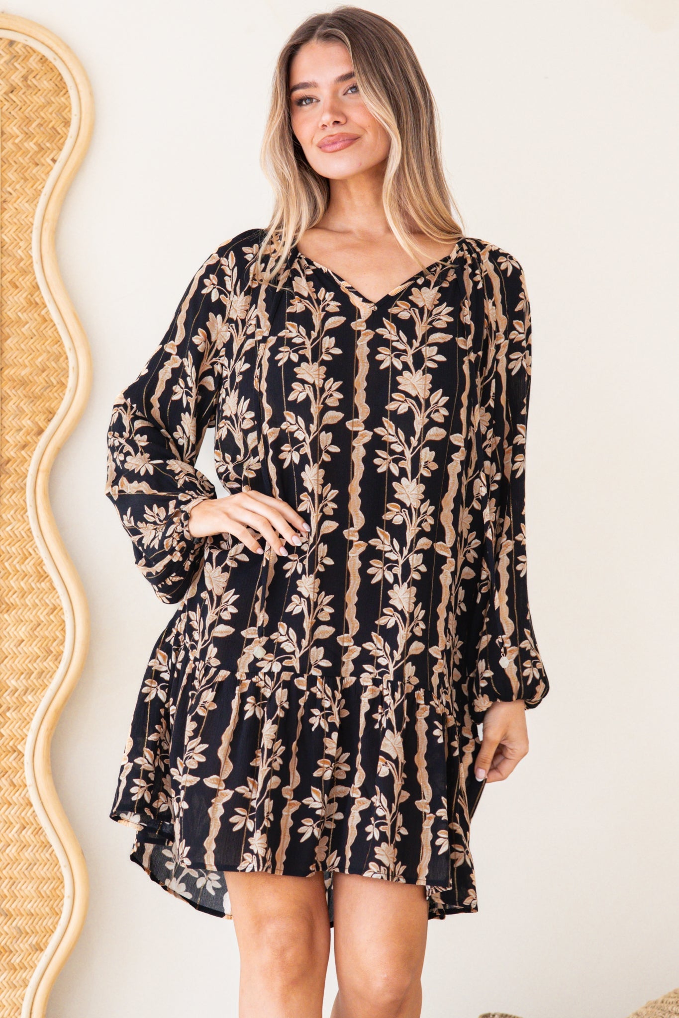Lianda Mini Dress - Soft V Neck Pull Over Shift Dress with Neck Tie & Matching Belt in Helio Print