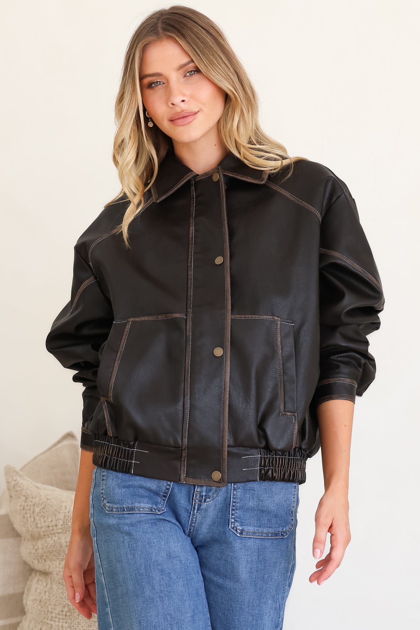Liano Jacket - Notched Collar PU Leather Constrast Stitch Utility-Style Jacket in Brown