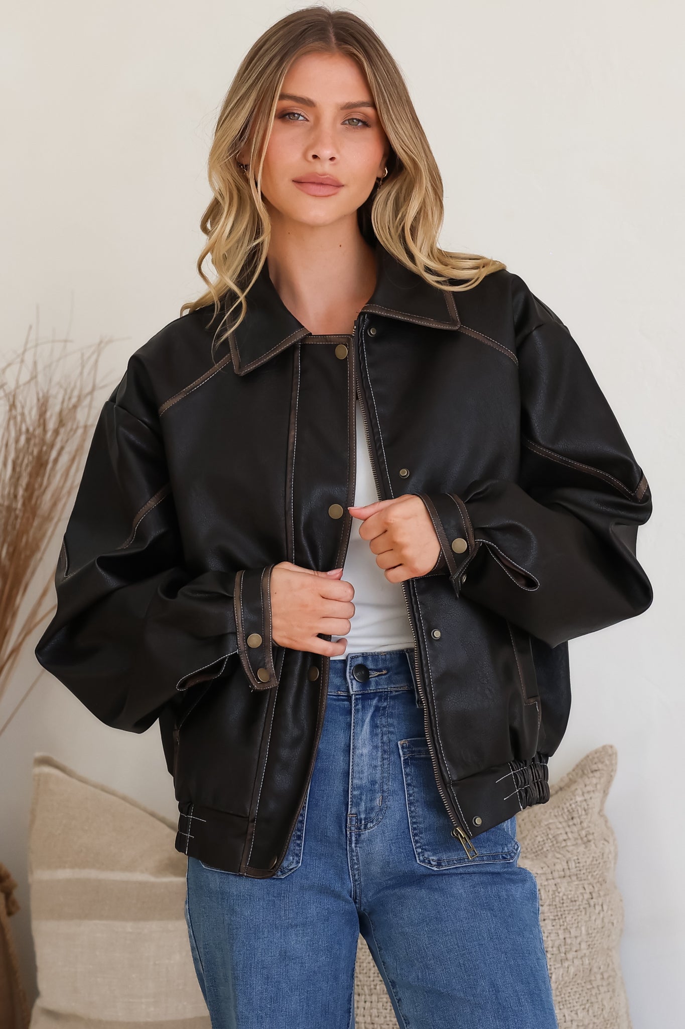 Liano Jacket - Notched Collar PU Leather Constrast Stitch Utility-Style Jacket in Brown