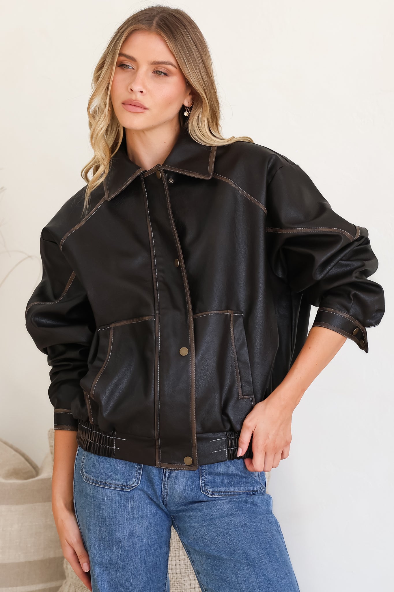 Liano Jacket - Notched Collar PU Leather Constrast Stitch Utility-Style Jacket in Brown