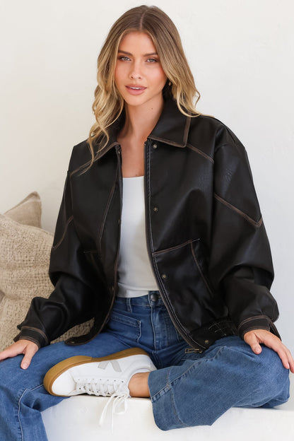Liano Jacket - Notched Collar PU Leather Constrast Stitch Utility-Style Jacket in Brown