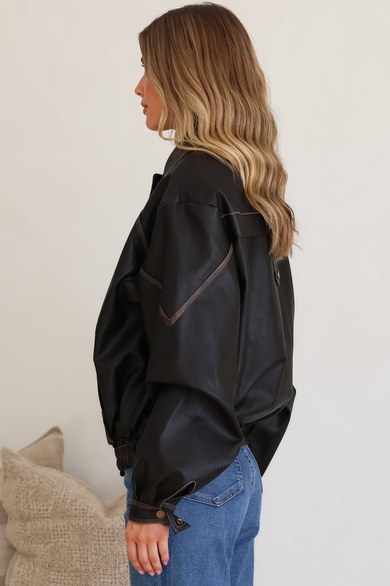 Liano Jacket - Notched Collar PU Leather Constrast Stitch Utility-Style Jacket in Brown