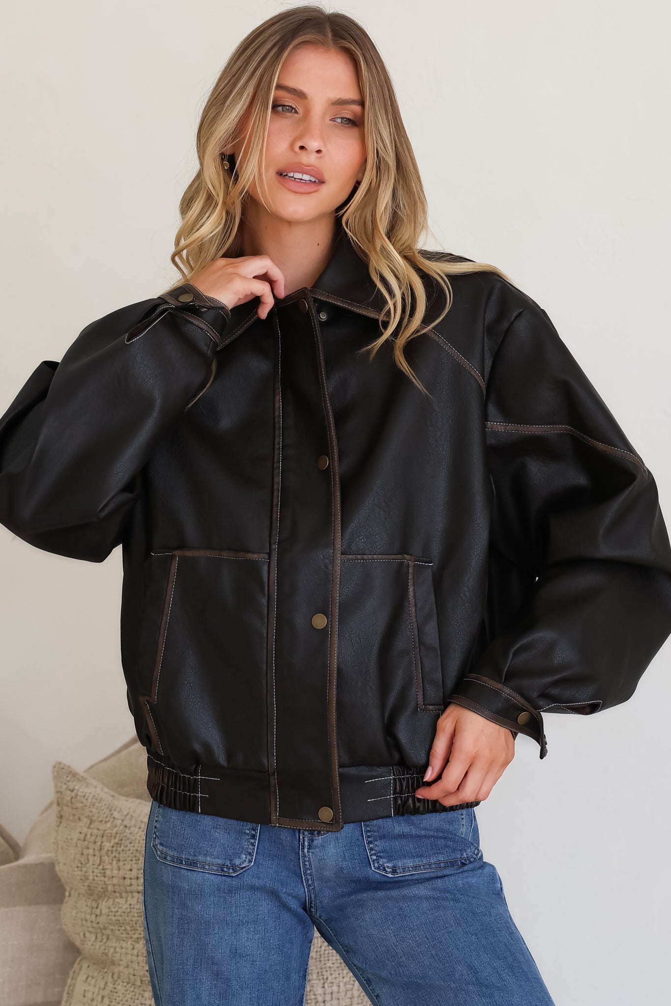 Liano Jacket - Notched Collar PU Leather Constrast Stitch Utility-Style Jacket in Brown