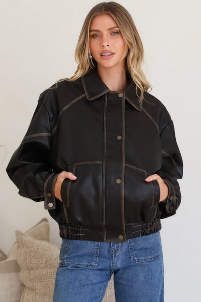 Liano Jacket - Notched Collar PU Leather Constrast Stitch Utility-Style Jacket in Brown
