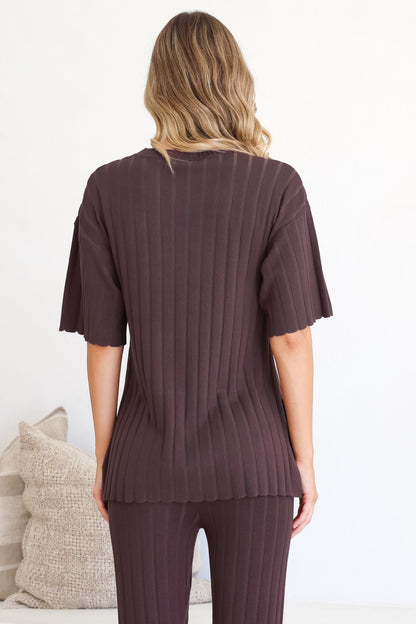 Lisette Set - Ribbed Knit Crew Neck Top and Subtle High Waisted Flared Tights in Chocolate