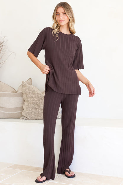 Lisette Set - Ribbed Knit Crew Neck Top and Subtle High Waisted Flared Tights in Chocolate