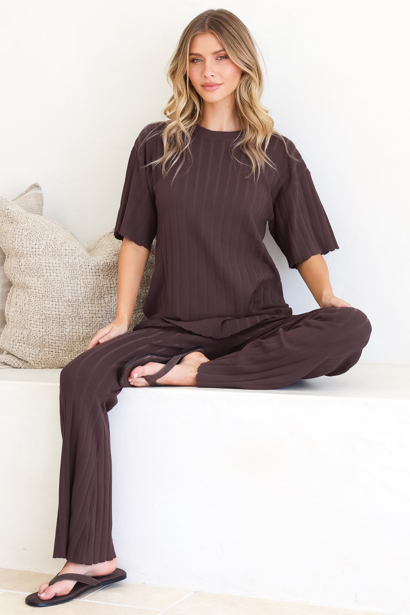 Lisette Set - Ribbed Knit Crew Neck Top and Subtle High Waisted Flared Tights in Chocolate