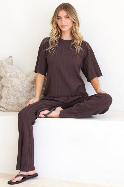 Lisette Set - Ribbed Knit Crew Neck Top and Subtle High Waisted Flared Tights in Chocolate