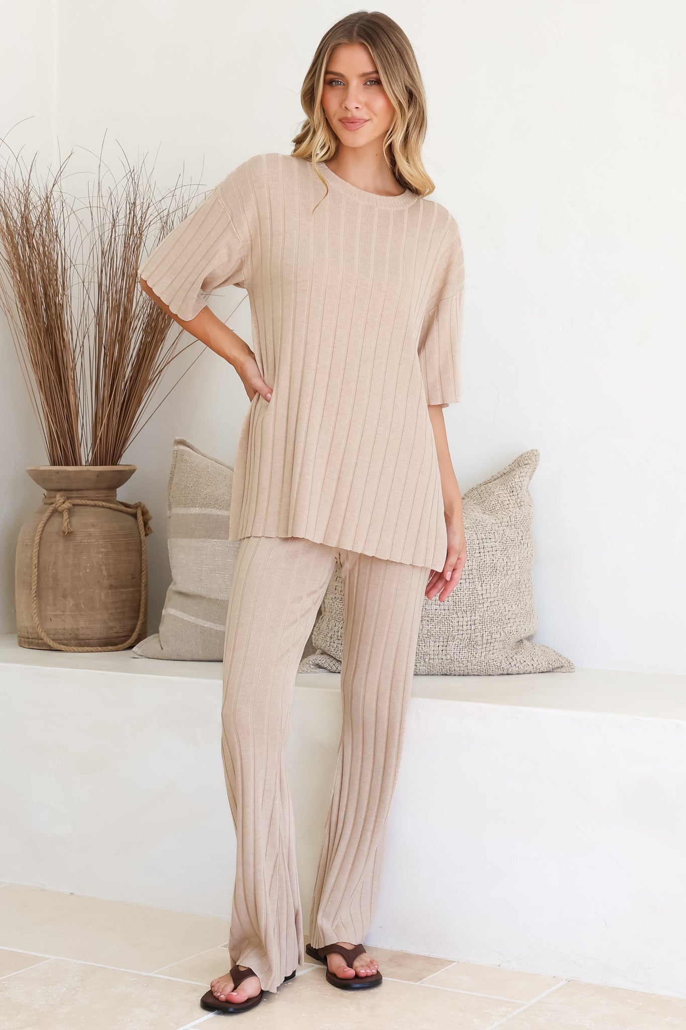 Lisette Set - Ribbed Knit Crew Neck Top and Subtle High Waisted Flared Tights in Cream