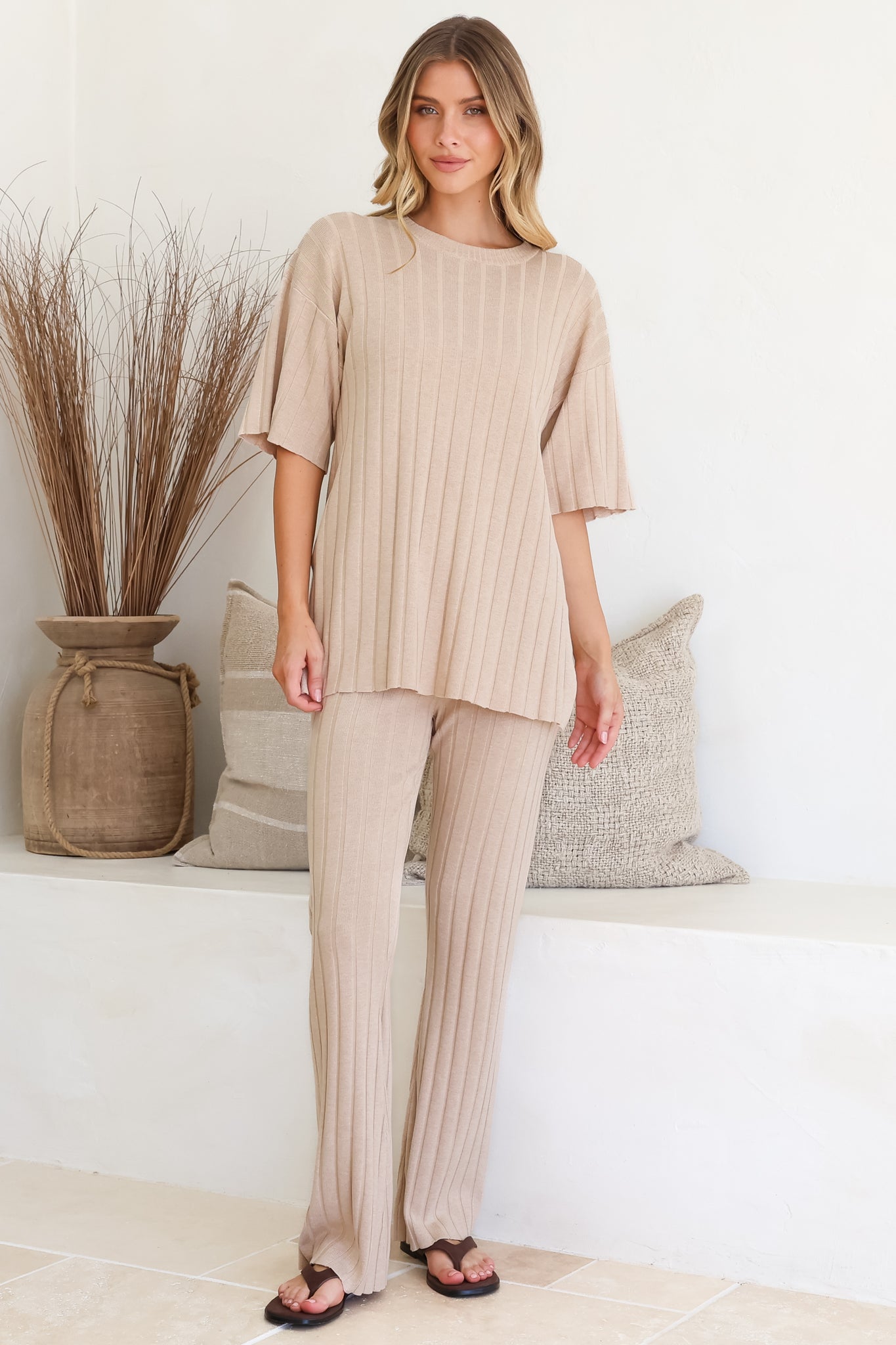 Lisette Set - Ribbed Knit Crew Neck Top and Subtle High Waisted Flared Tights in Cream