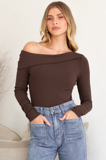 Lissa Top - Folded Asymmetric Neckline Long Sleeve Top in Chocolate