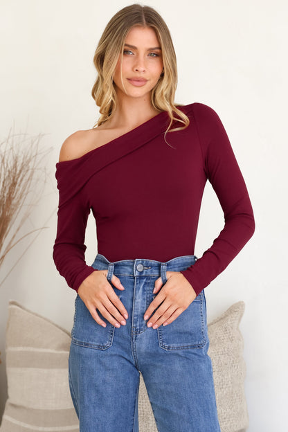 Lissa Top - Folded Asymmetric Neckline Long Sleeve Top in Wine