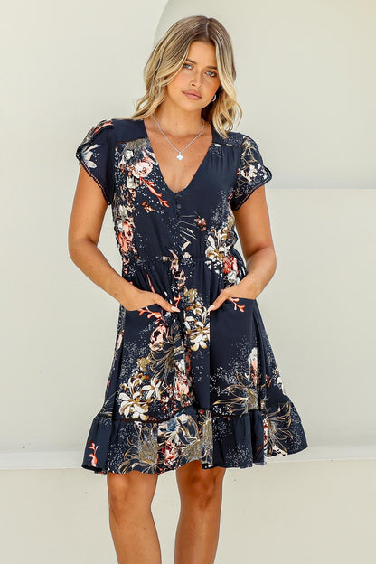 JAASE - Lizzie Mini Dress: Butterfly Cap Sleeve Button Down Dress With Pockets in Indigo Print