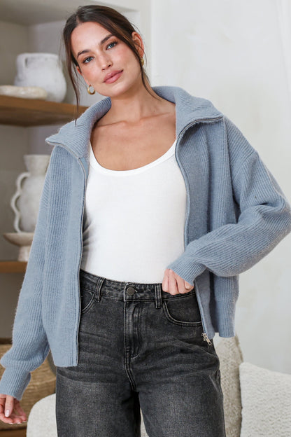 Logan Cardigan - Zipper Front Ribbed Knit with Wing Collar in Blue