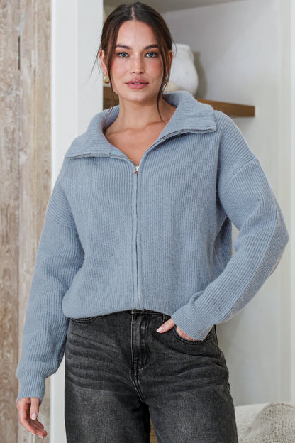 Logan Cardigan - Zipper Front Ribbed Knit with Wing Collar in Blue