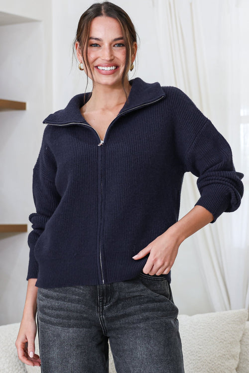 Logan Cardigan - Zipper Front Ribbed Knit with Wing Collar in Navy